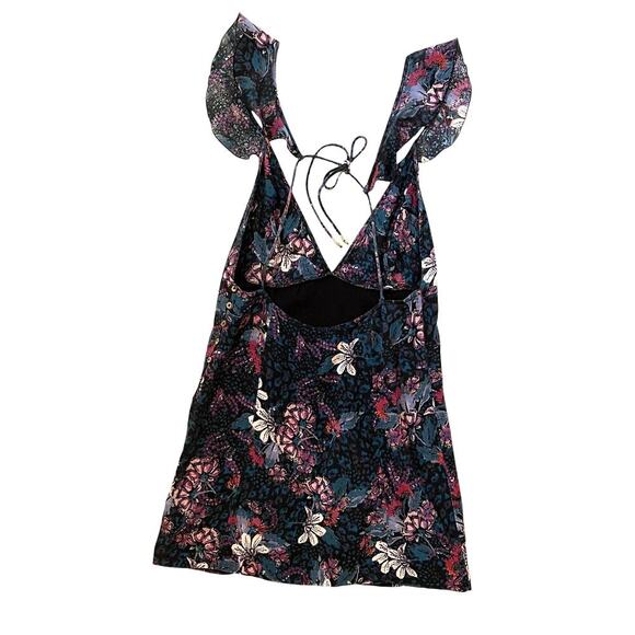 Free People Josie Deep V Neck Floral Mini Dress - Black Teal Purple - Size L - Picture 3 of 6